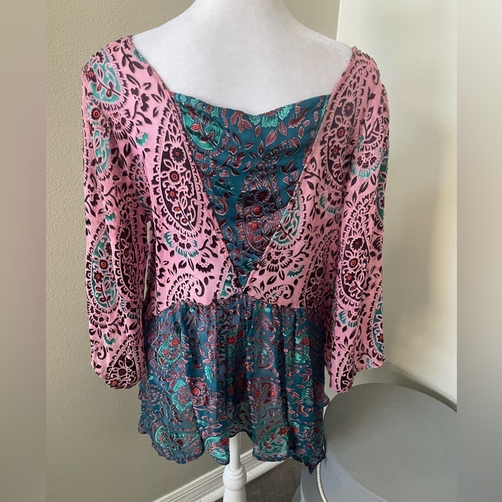 Floreat Brand Color Block Oversized Blouse V Neck Loose Sleeves Pink Medium - Picture 4 of 6